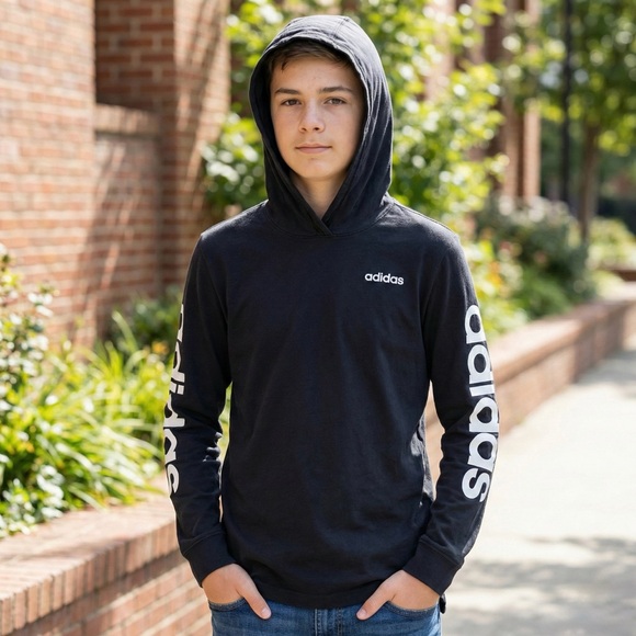 Adidas Boys Hooded Long Sleeve Tee 100% Cotton Black Logo Youth Size M (10/12) - Picture 2 of 14